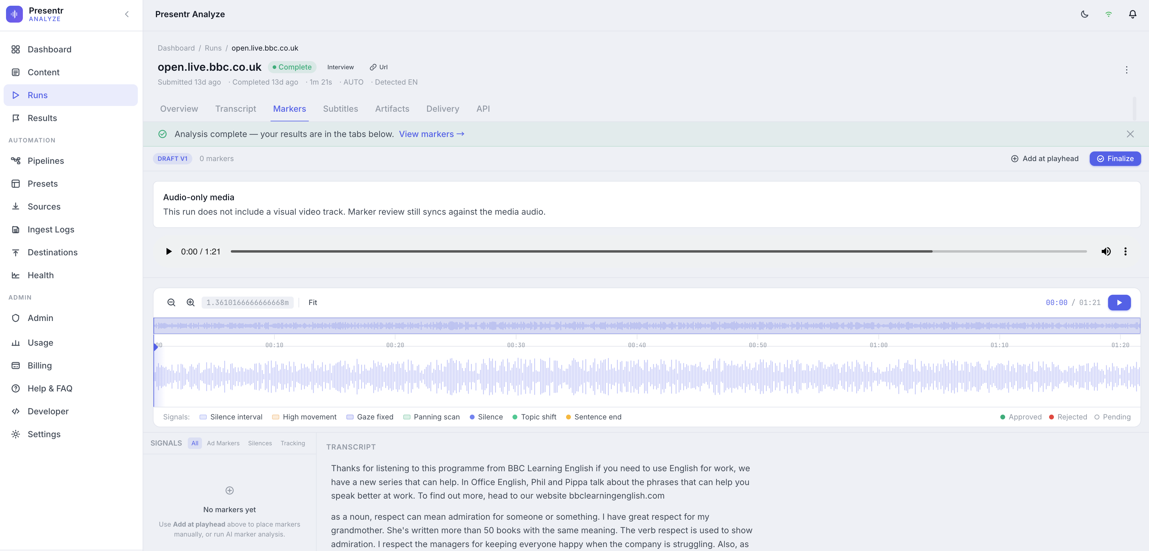 Presentr Analyze — markers view with AI-detected timeline events and confidence scores