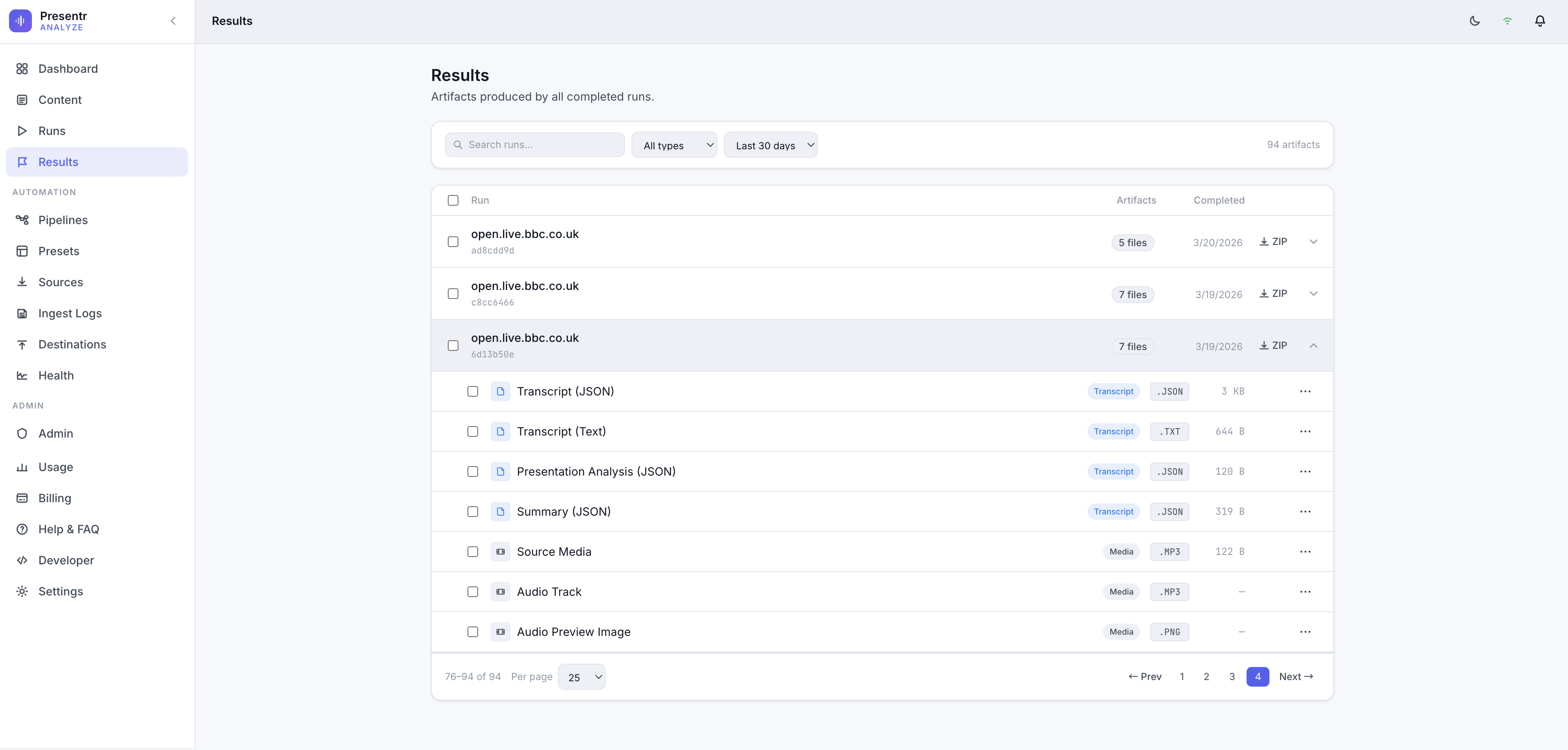 Presentr Analyze — results dashboard showing analysis artifacts and outputs