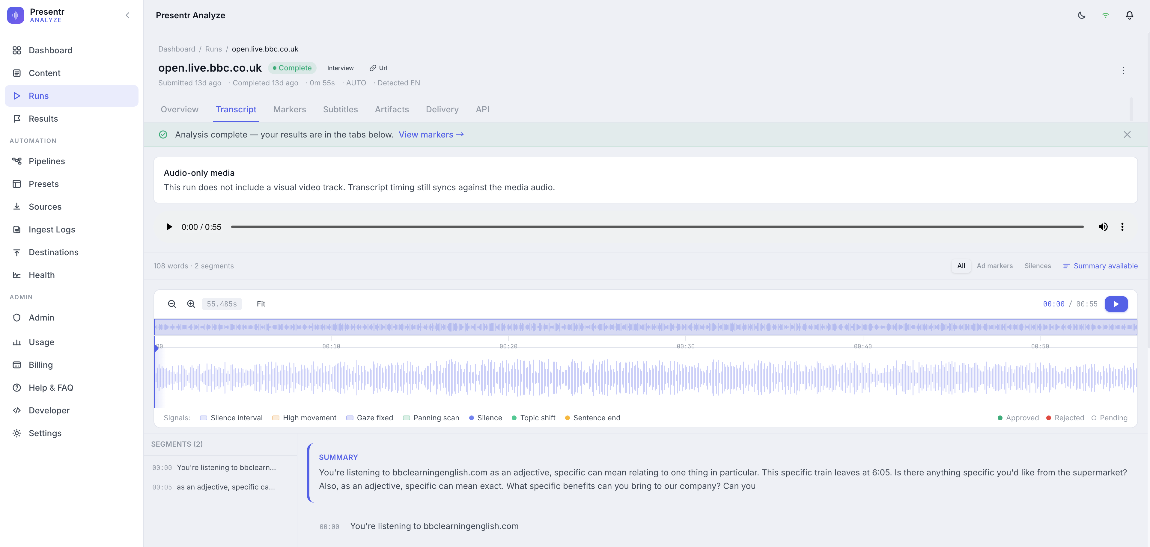 Presentr Analyze — transcript view